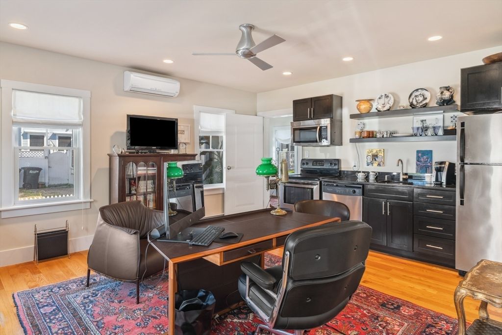 Home Office, Interior, Kitchen, Recessed Lighting, Stainless Steel Appliances, Wood Texture Flooring