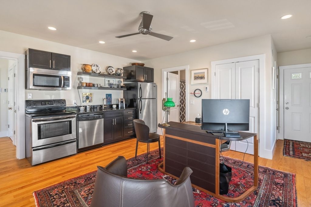 Home Office, Interior, Kitchen, Recessed Lighting, Stainless Steel Appliances, Wood Texture Flooring