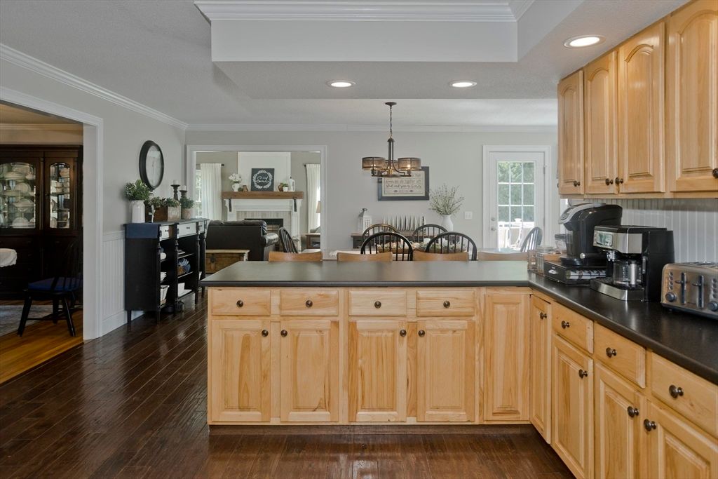 Dining room, Fireplace, Interior, Kitchen, Pendant Lights, Recessed Lighting, Wood Texture Flooring