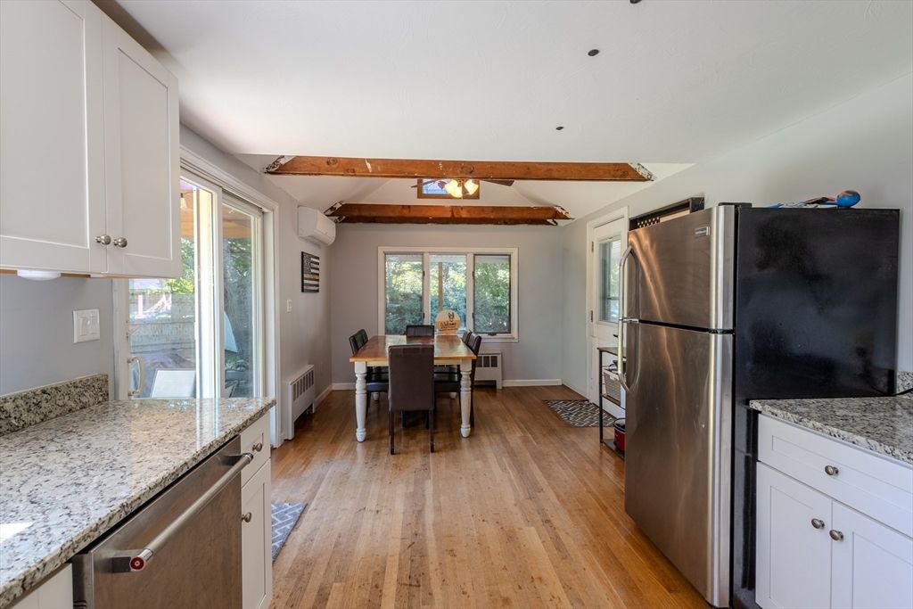 Dining room, Interior, Kitchen, Recessed Lighting, Wooden Beams, Wood Texture Flooring