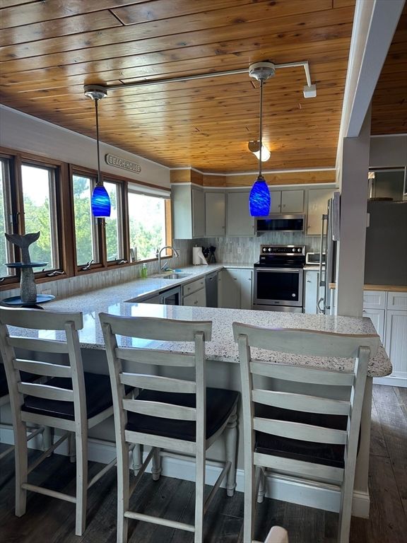 Interior, Kitchen, Pendant Lights, Stainless Steel Appliances, Wooden Ceilings, Wood Texture Flooring