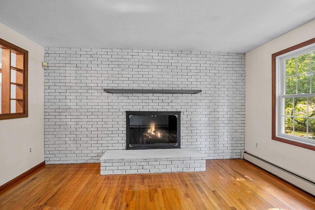 Empty room, Fireplace, Interior, Stone Walls, Wood Texture Flooring