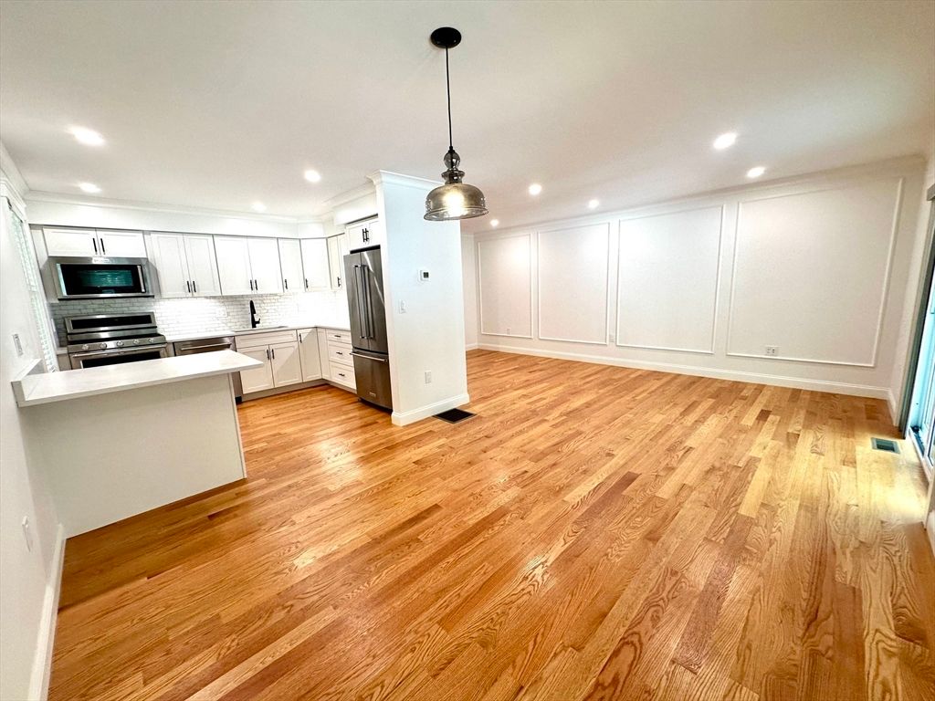 Interior, Kitchen, Pendant Lights, Recessed Lighting, Stainless Steel Appliances, Wood Texture Flooring