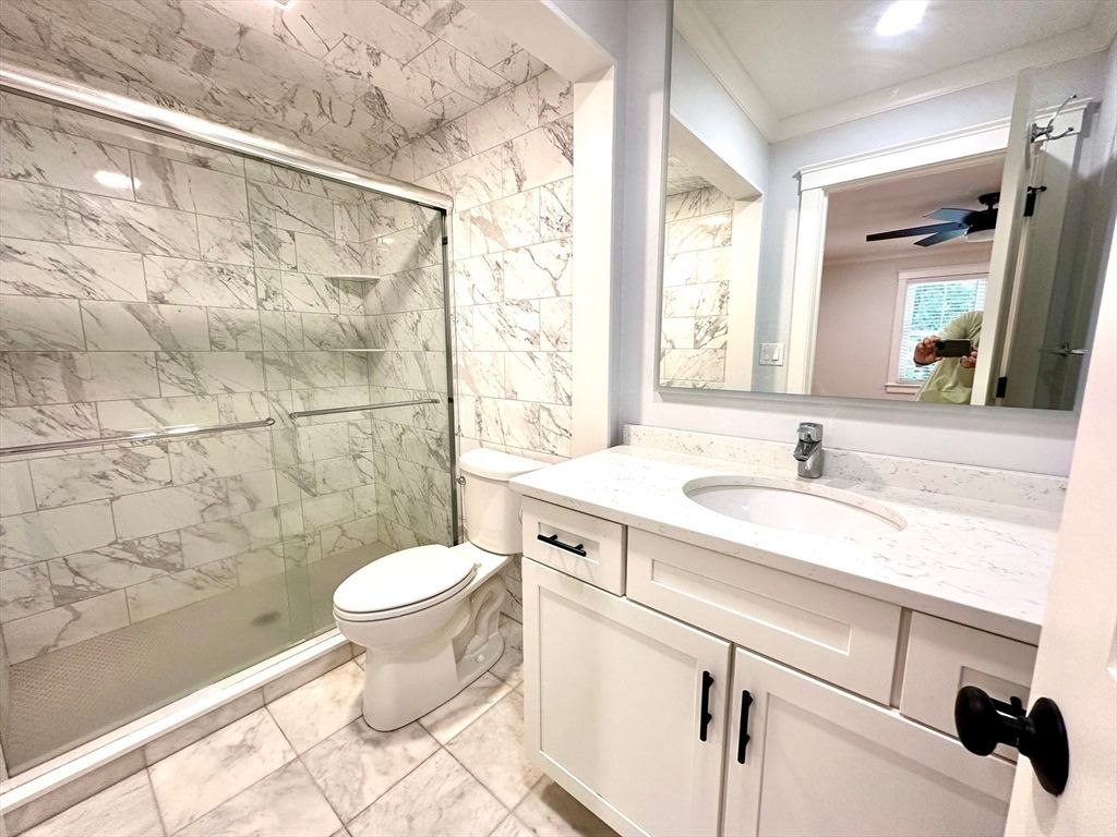 Bathroom, Glass Shower, Interior, Marble Walls, Recessed Lighting