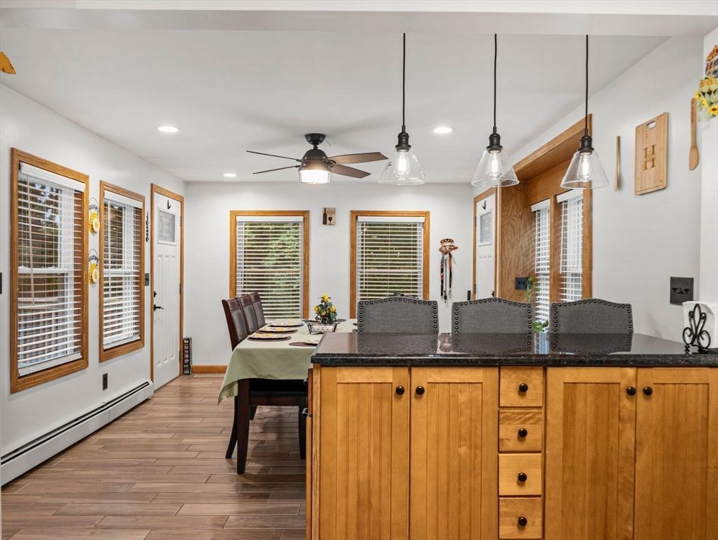 Dining room, Interior, Pendant Lights, Recessed Lighting, Wood Texture Flooring