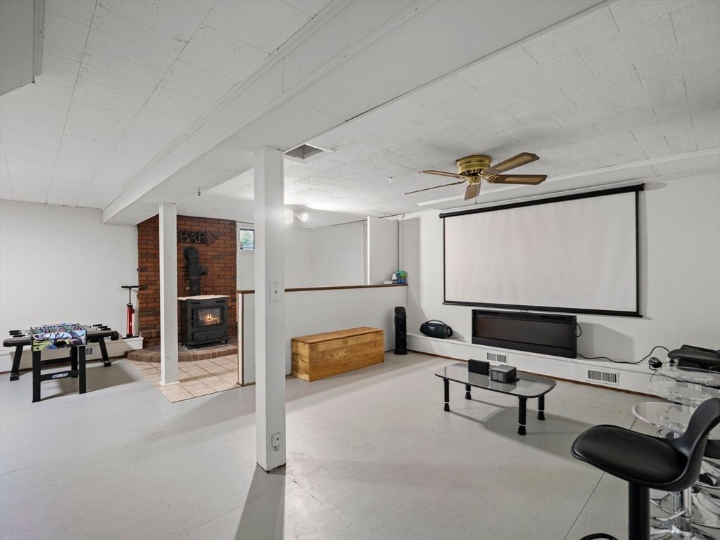 Fireplace, Interior, Projection Screen, Stone Walls