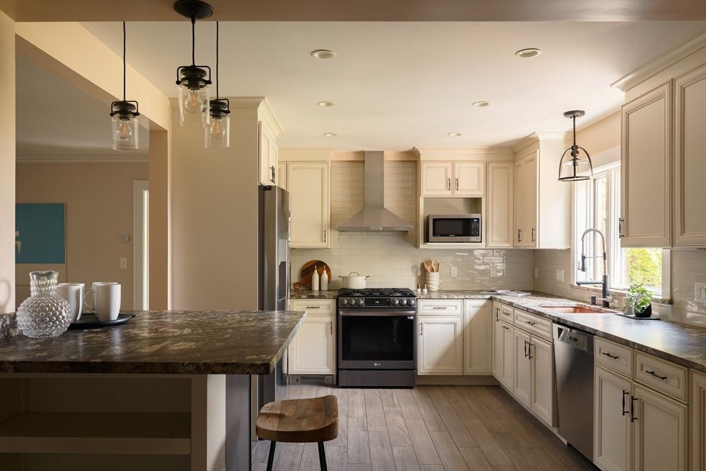 Interior, Kitchen, Pendant Lights, Recessed Lighting, Stainless Steel Appliances, Wood Texture Flooring