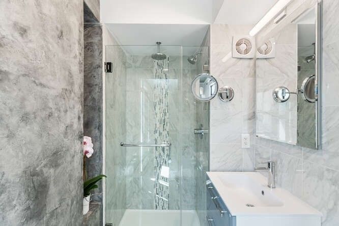 Bathroom, Glass Shower, Interior, Marble Walls