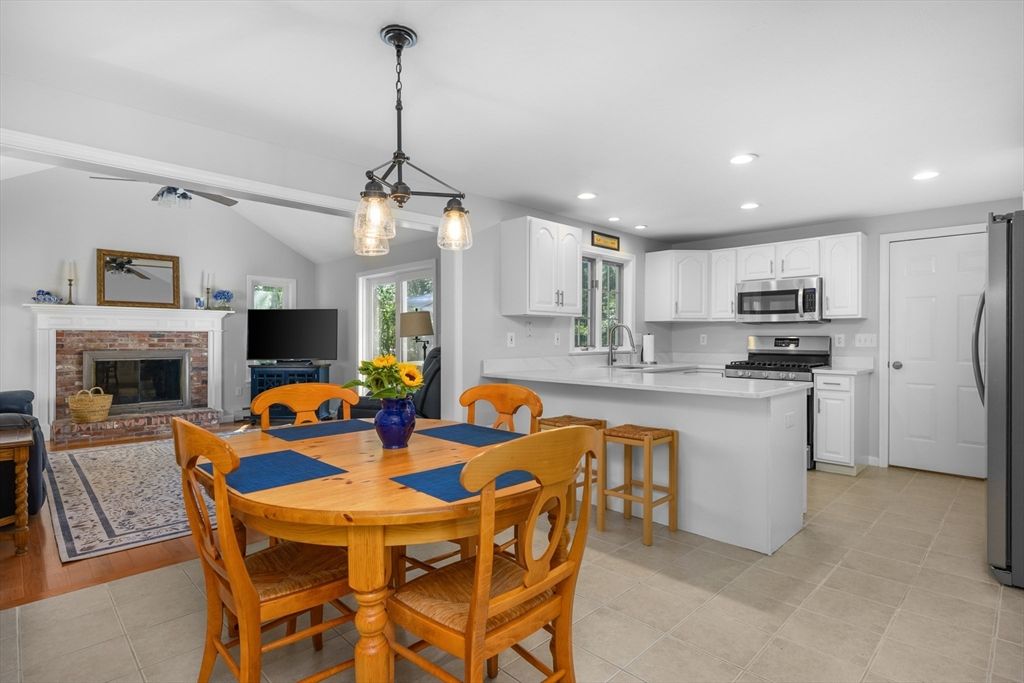 Dining room, Fireplace, Interior, Kitchen, Pendant Lights, Recessed Lighting, Stainless Steel Appliances