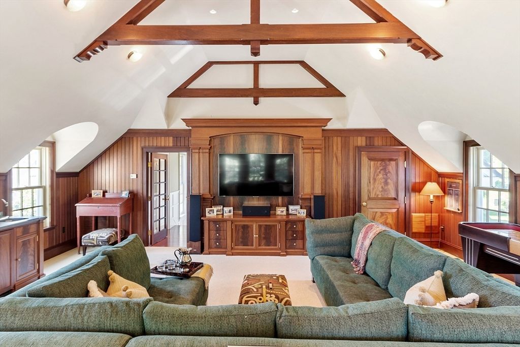 Fireplace, Interior, Living room, Recessed Lighting, Wooden Beams