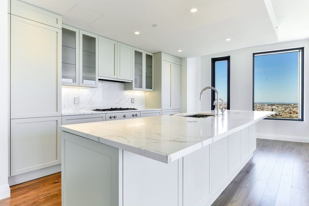 Interior, Kitchen, Marble Walls, Recessed Lighting, Wood Texture Flooring
