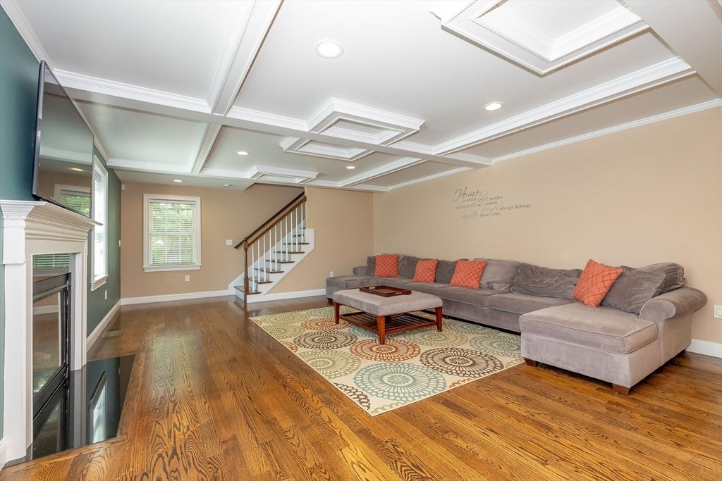 Fireplace, Interior, Living room, Recessed Lighting, Wood Texture Flooring