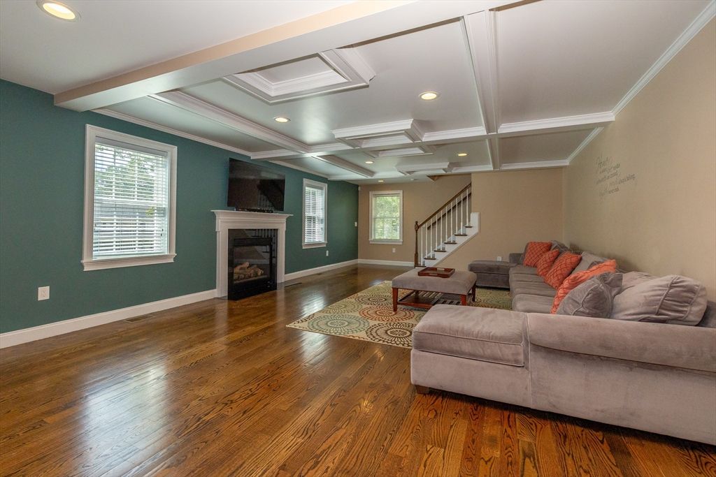 Fireplace, Interior, Living room, Recessed Lighting, Wood Texture Flooring