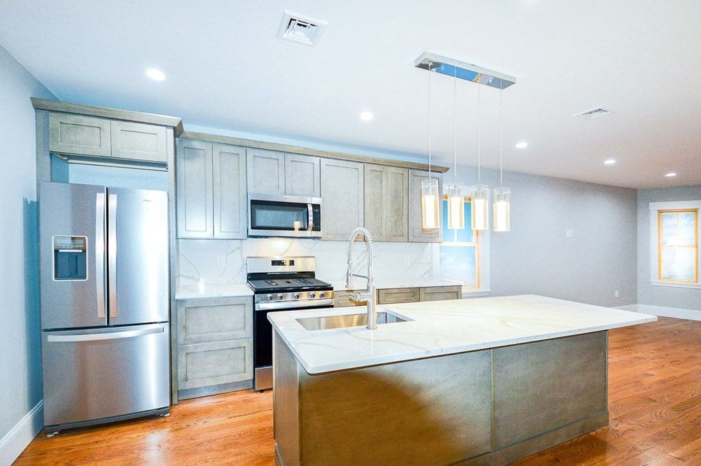 Interior, Kitchen, Pendant Lights, Recessed Lighting, Stainless Steel Appliances, Wood Texture Flooring