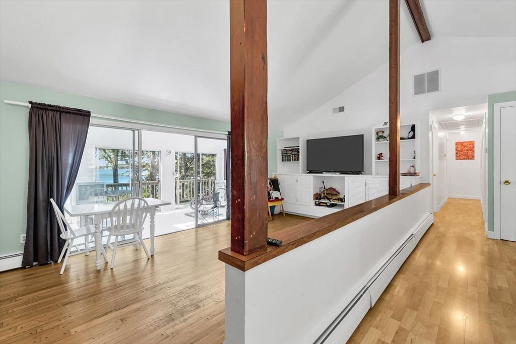 Dining room, Interior, Water, Wooden Beams, Wood Texture Flooring