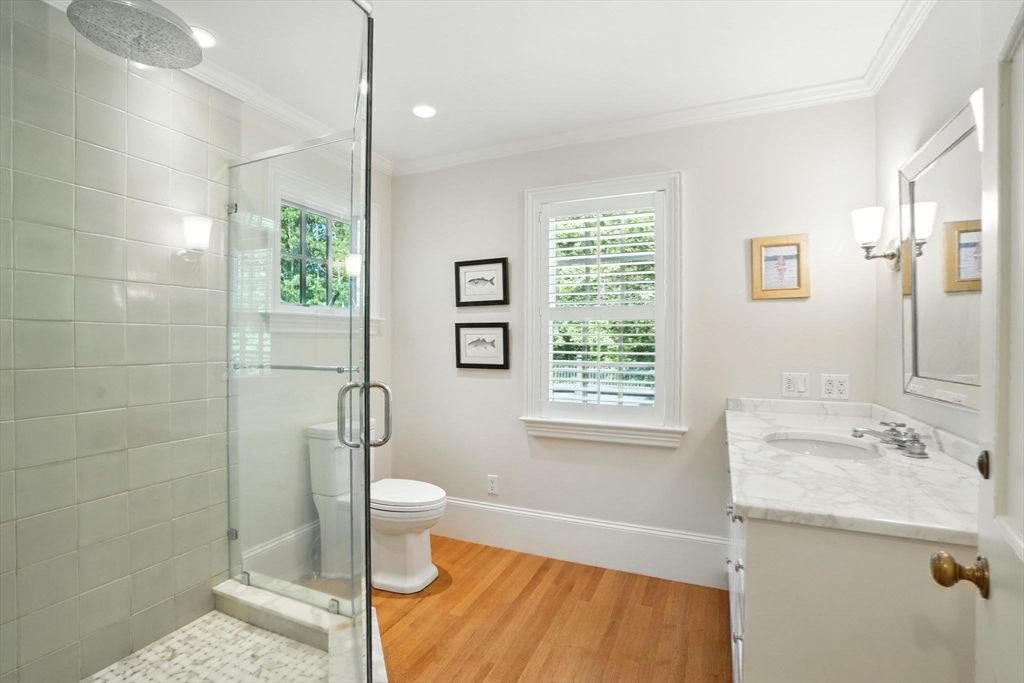 Bathroom, Glass Shower, Interior, Recessed Lighting, Wood Texture Flooring