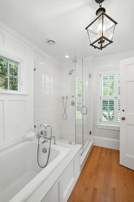 Bathroom, Glass Shower, Interior, Pendant Lights, Recessed Lighting, Wood Texture Flooring