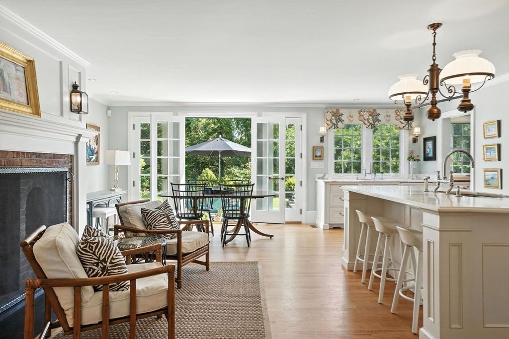 Chandelier, Fireplace, Interior, Kitchen, Wood Texture Flooring