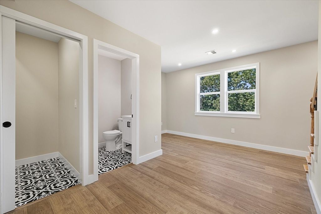 Bathroom, Empty room, Interior, Recessed Lighting, Wood Texture Flooring