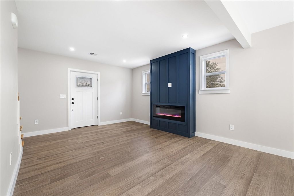 Empty room, Fireplace, Interior, Recessed Lighting, Wood Texture Flooring