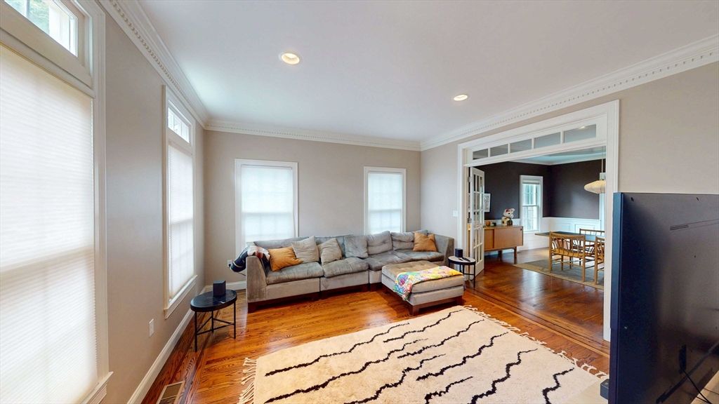 Dining room, Interior, Living room, Recessed Lighting, Wood Texture Flooring