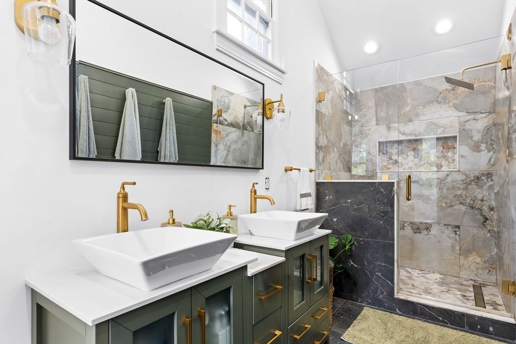 Bathroom, Dual Sink Vanities, Glass Shower, Interior, Marble Walls, Recessed Lighting