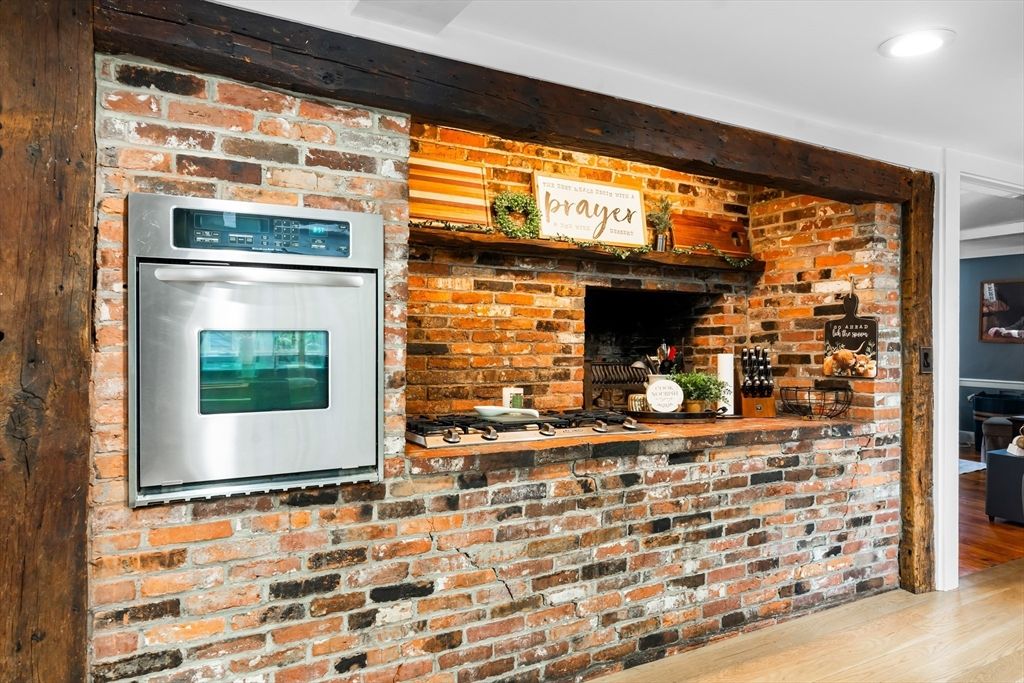 Interior, Kitchen, Recessed Lighting, Stainless Steel Appliances, Stone Walls, Wood Texture Flooring, Wooden Walls