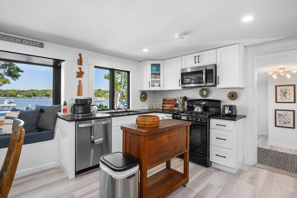 Interior, Kitchen, Recessed Lighting, Stainless Steel Appliances, Water, Wood Texture Flooring