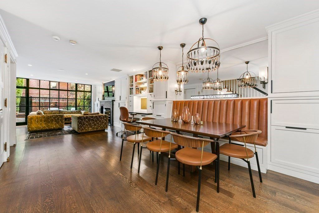 Chandelier, Dining room, Fireplace, Interior, Living room, Pendant Lights, Recessed Lighting, Wood Texture Flooring