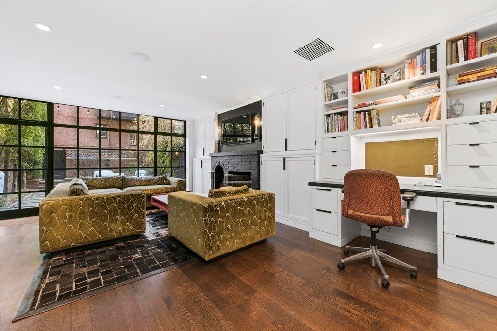 Fireplace, Home Office, Interior, Recessed Lighting, Wood Texture Flooring