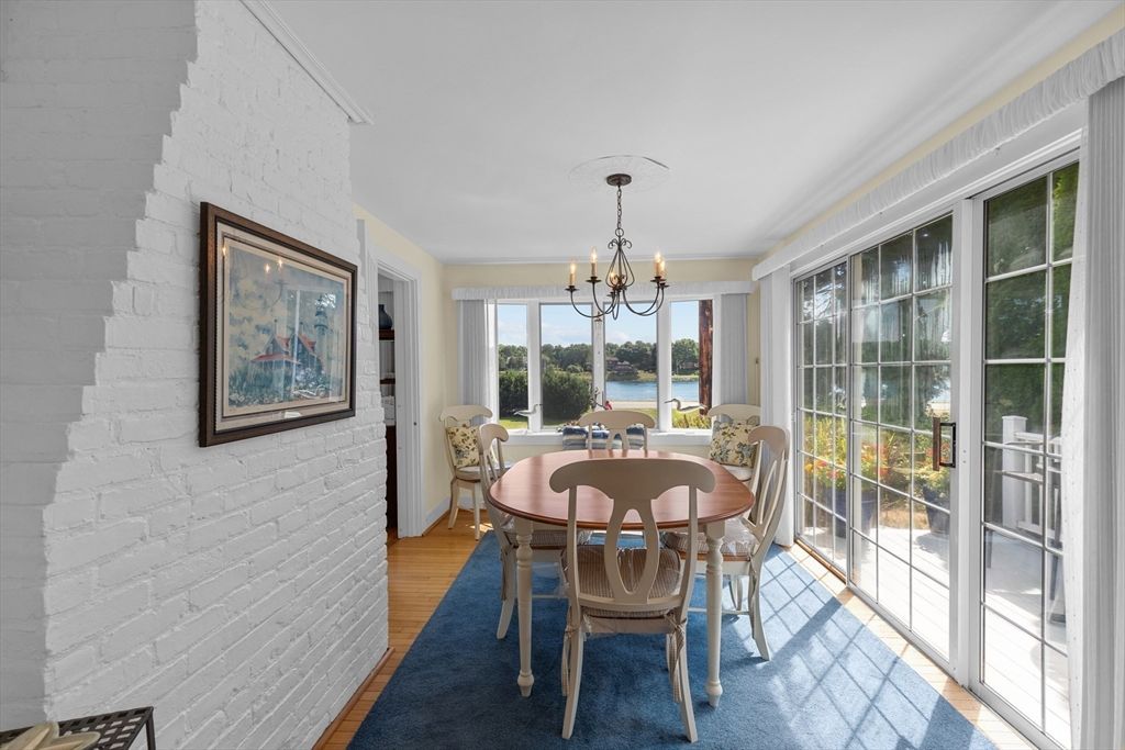 Chandelier, Dining room, Interior, Stone Walls, Water, Wood Texture Flooring