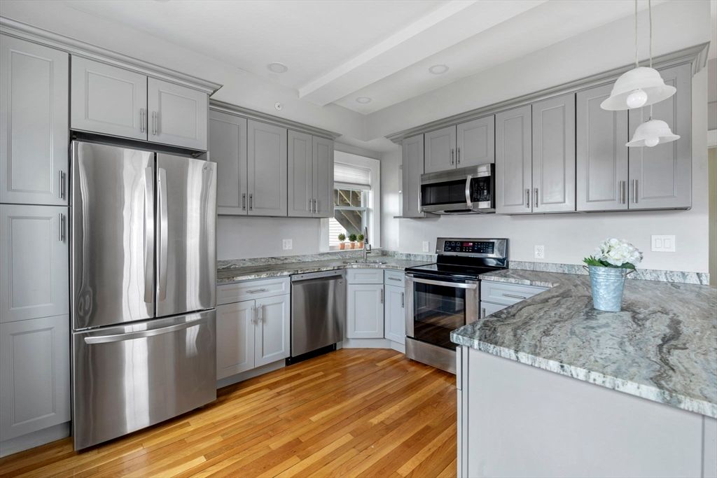 Interior, Kitchen, Pendant Lights, Recessed Lighting, Stainless Steel Appliances, Wood Texture Flooring