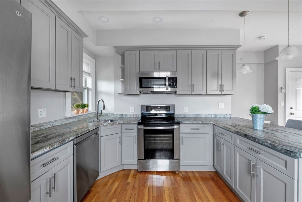 Interior, Kitchen, Pendant Lights, Recessed Lighting, Stainless Steel Appliances, Wood Texture Flooring