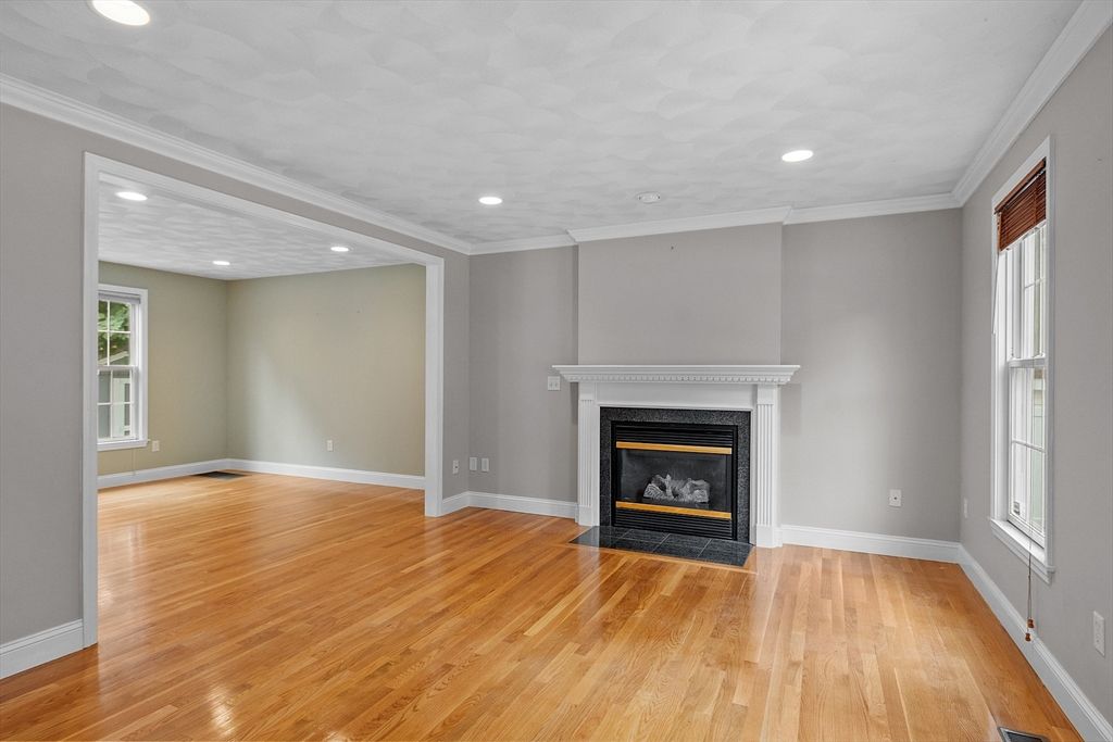 Empty room, Fireplace, Interior, Recessed Lighting, Wood Texture Flooring