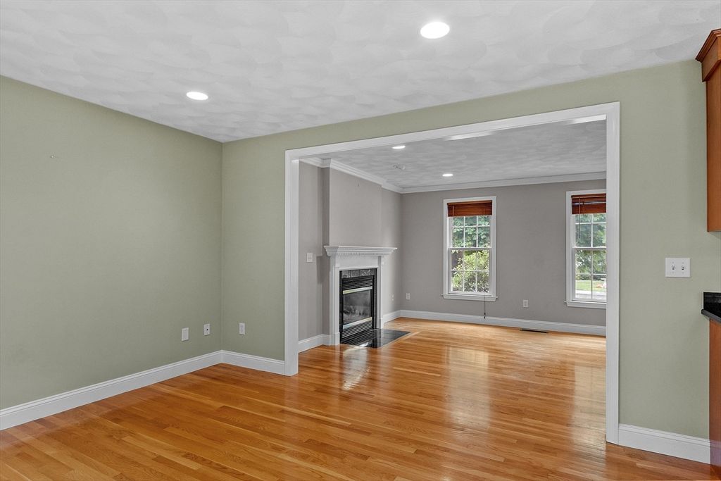 Empty room, Fireplace, Interior, Recessed Lighting, Wood Texture Flooring