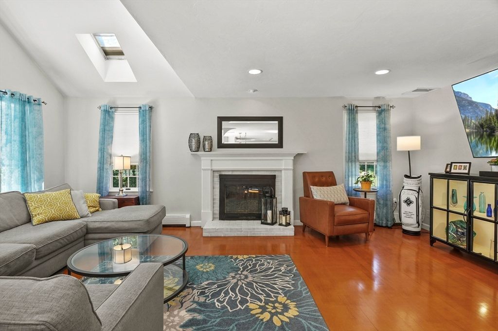 Fireplace, Interior, Living room, Recessed Lighting, Wood Texture Flooring