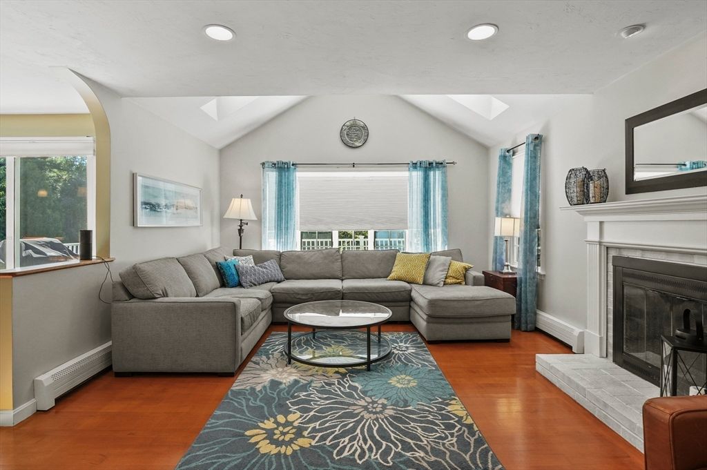 Fireplace, Interior, Living room, Recessed Lighting, Wood Texture Flooring