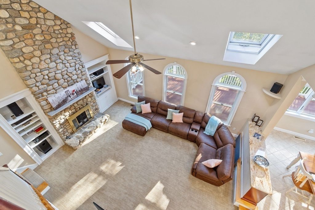 Fireplace, Interior, Living room, Recessed Lighting, Stone Walls