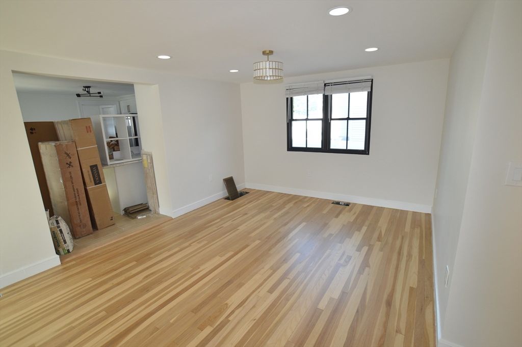 Chandelier, Empty room, Interior, Recessed Lighting, Wood Texture Flooring