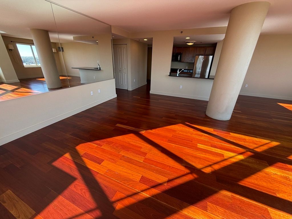 Empty room, Interior, Kitchen, Recessed Lighting, Wood Texture Flooring