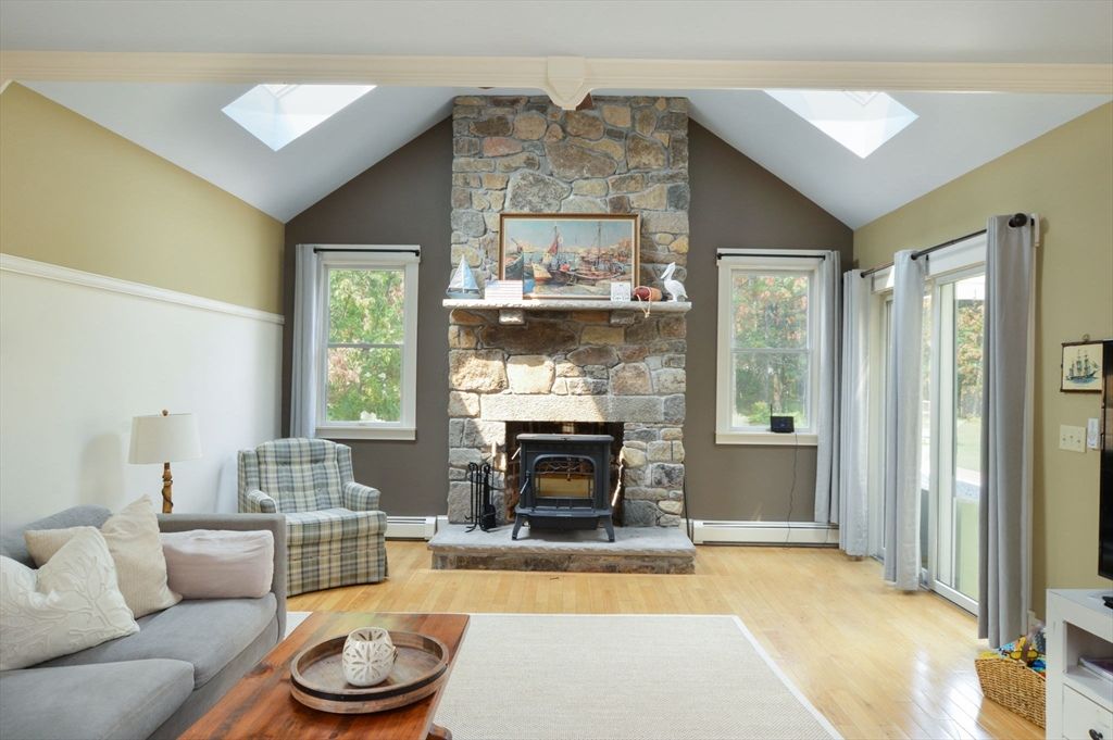 Fireplace, Interior, Living room, Stone Walls, Wood Texture Flooring