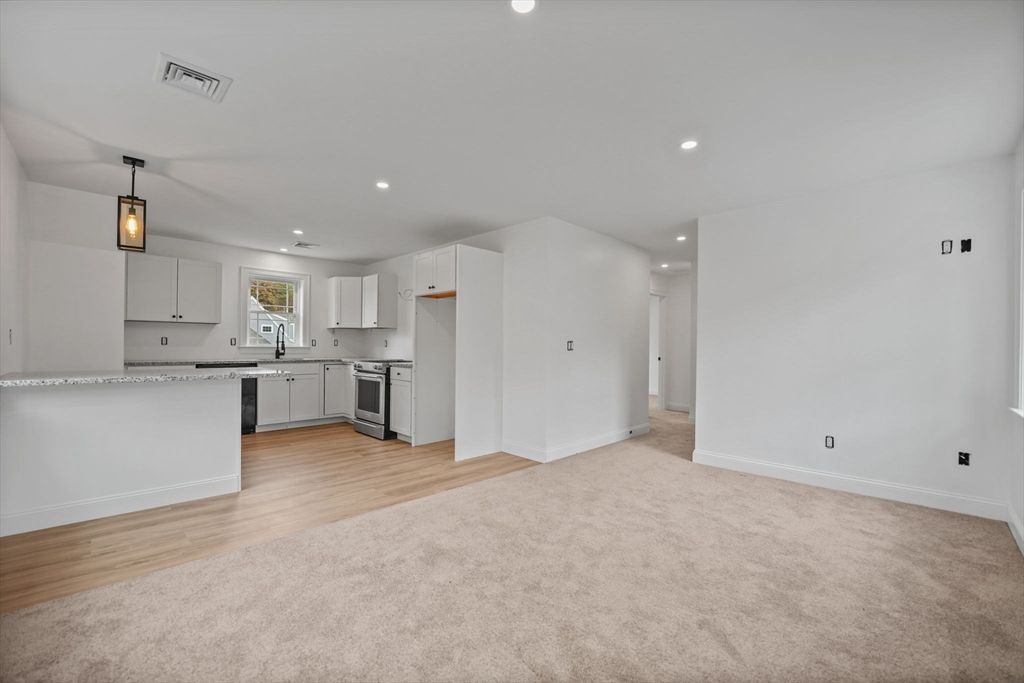 Empty room, Interior, Kitchen, Pendant Lights, Recessed Lighting, Wood Texture Flooring