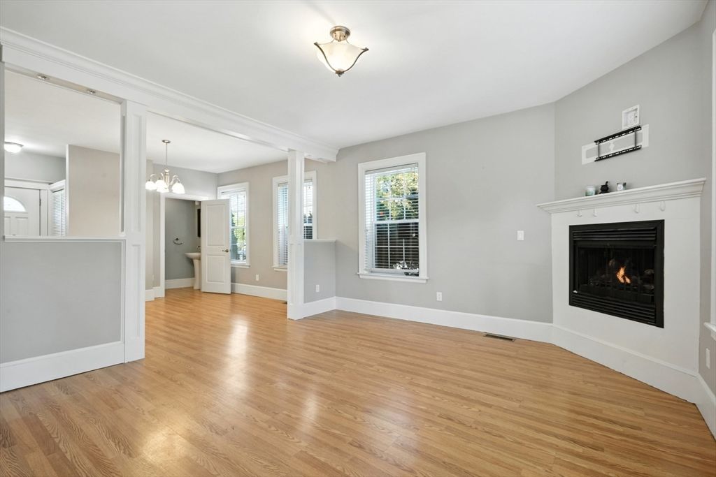 Chandelier, Empty room, Fireplace, Interior, Wood Texture Flooring