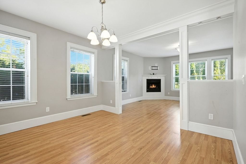 Empty room, Fireplace, Interior, Pendant Lights, Wood Texture Flooring