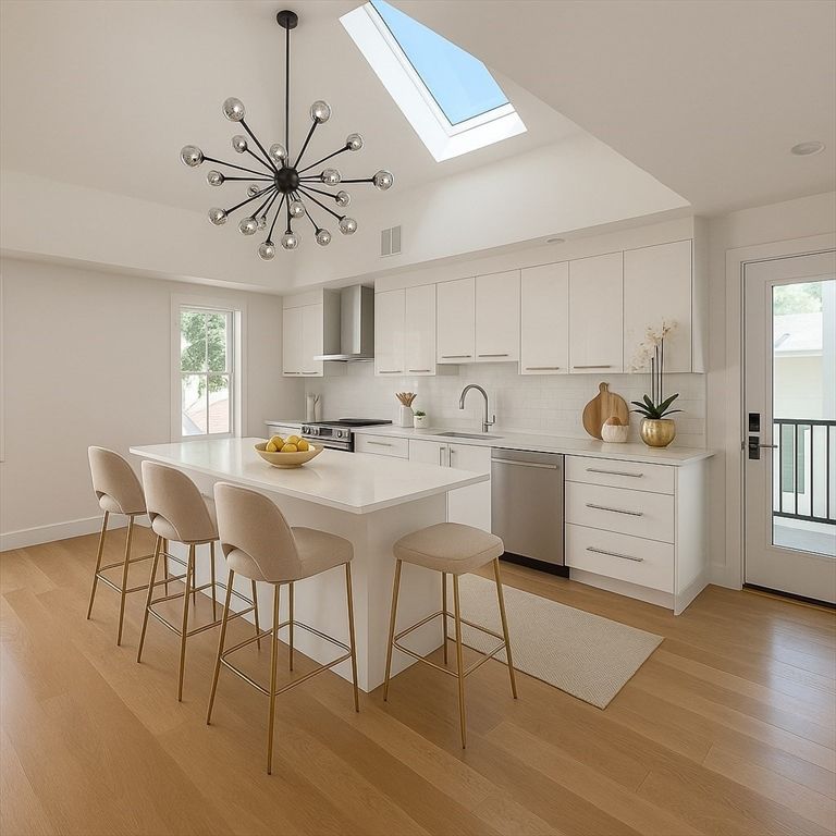 Interior, Kitchen, Pendant Lights, Stainless Steel Appliances, Wood Texture Flooring
