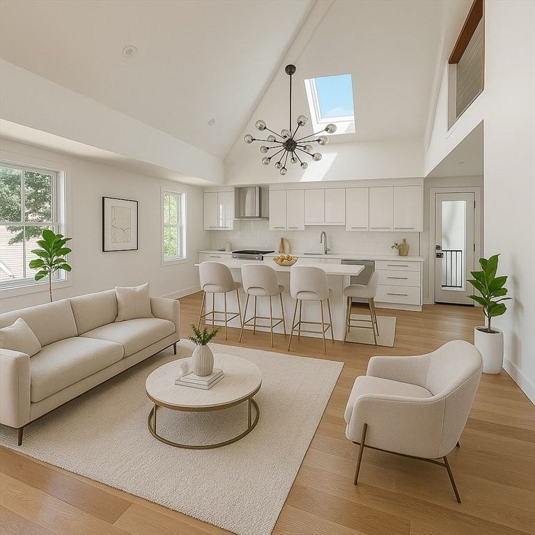 Dining room, Interior, Kitchen, Living room, Pendant Lights, Wood Texture Flooring