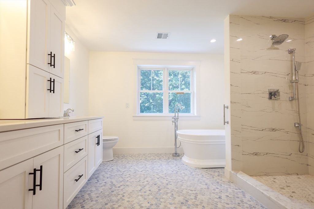 Bathroom, Free Standing Baths, Glass Shower, Interior, Marble Walls, Recessed Lighting