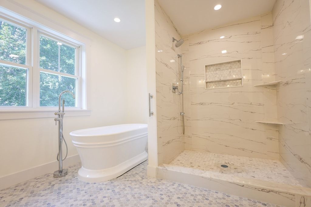Bathroom, Free Standing Baths, Glass Shower, Interior, Marble Walls, Recessed Lighting