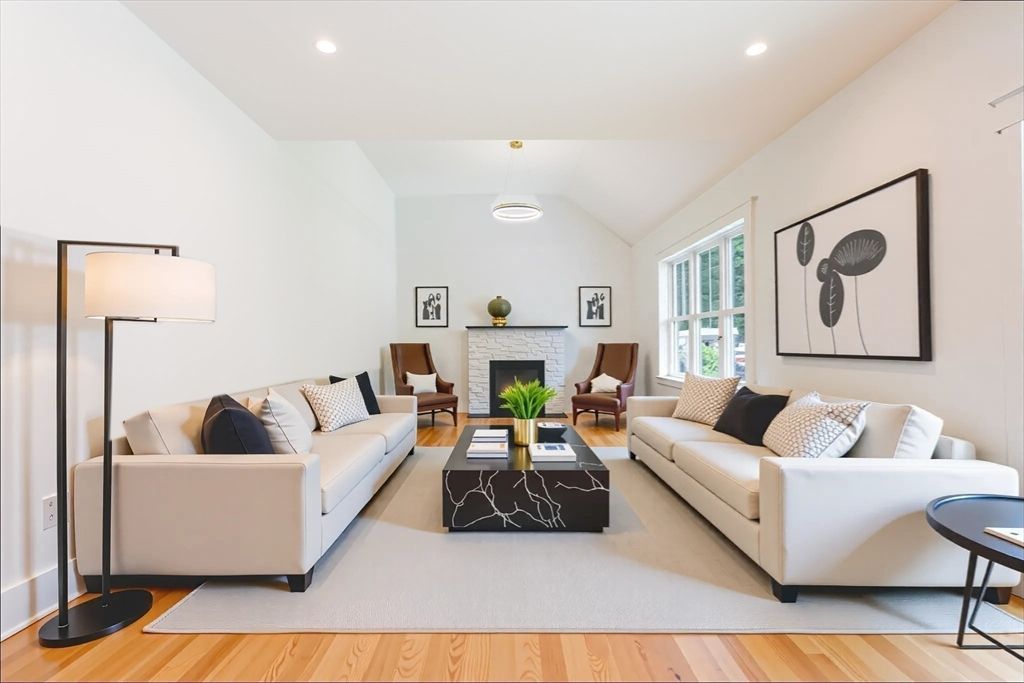 Fireplace, Interior, Living room, Recessed Lighting, Wood Texture Flooring