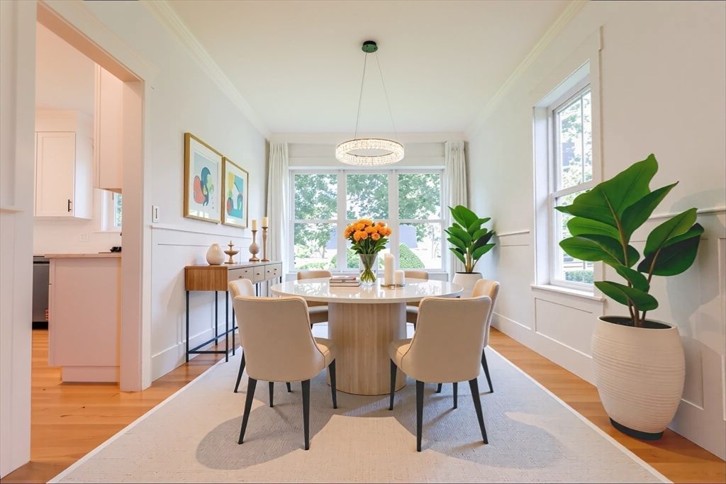 Dining room, Interior, Pendant Lights, Wood Texture Flooring